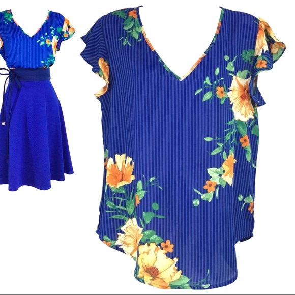 Lily White Tops - Striped & Floral Print Chiffon Top